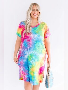 HEIMISH U.S. Multicolor Tie Dye Short Sleeve T-Shirt Dress Pockets Knee L